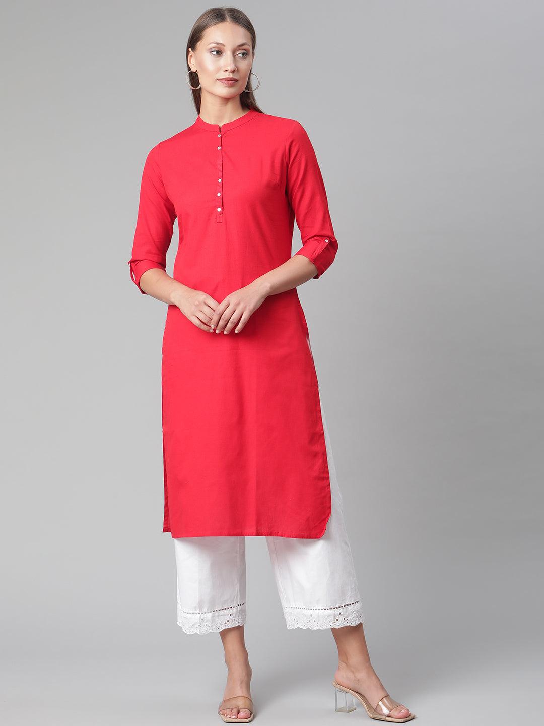 Divena Red Cotton Straight Kurti - divena world