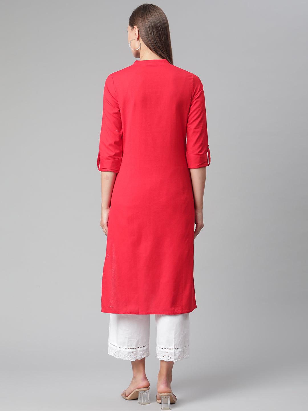 Divena Red Cotton Straight Kurti - divena world