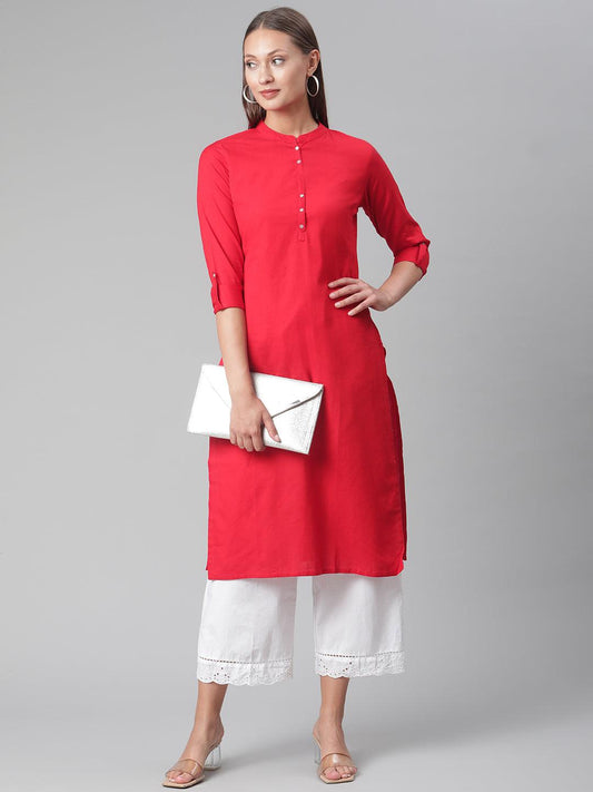 Divena Red Cotton Straight Kurti - divena world