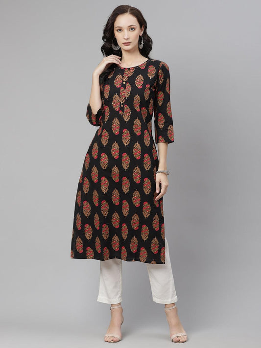 Divena Black Floral Print Cotton Straight Kurta - divena world