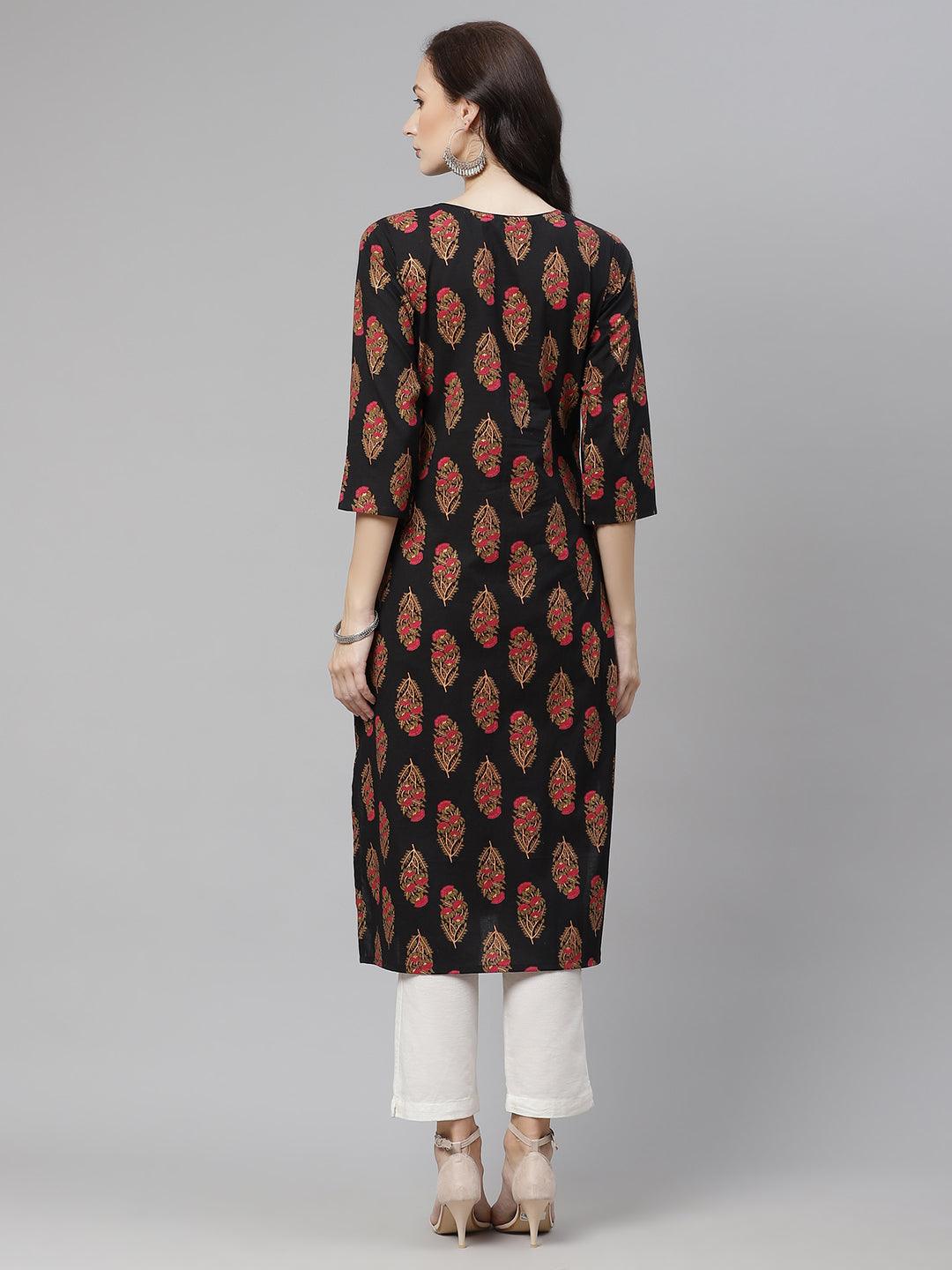 Divena Black Floral Print Cotton Straight Kurta - divena world