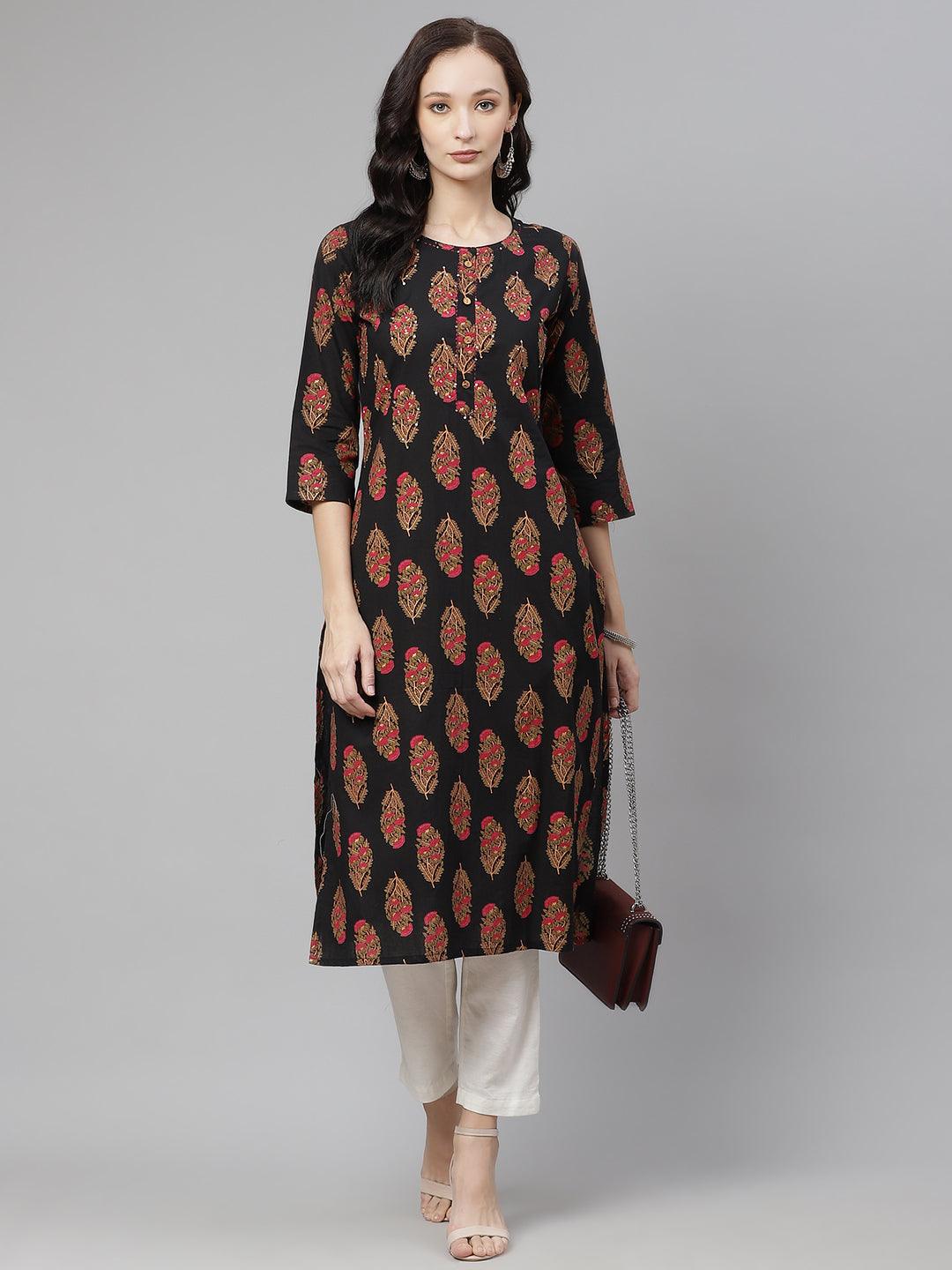 Divena Black Floral Print Cotton Straight Kurta - divena world