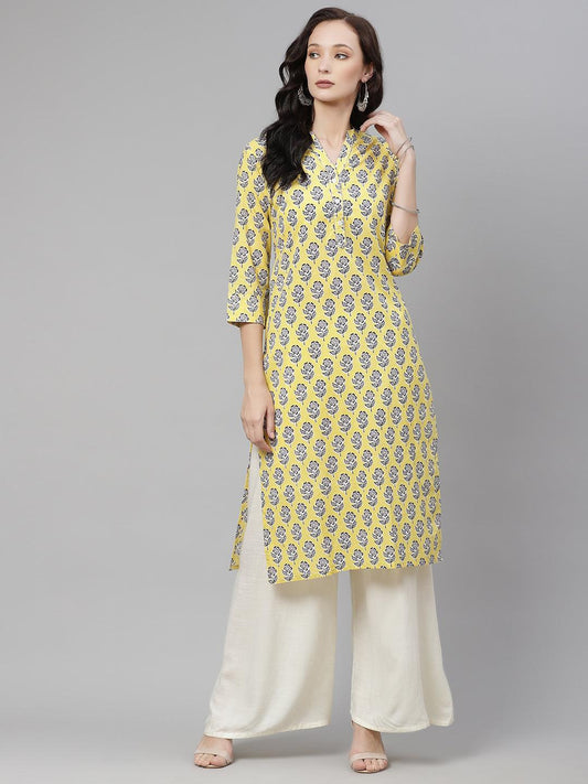 Divena Yellow cotton Straight Kurta - divena world