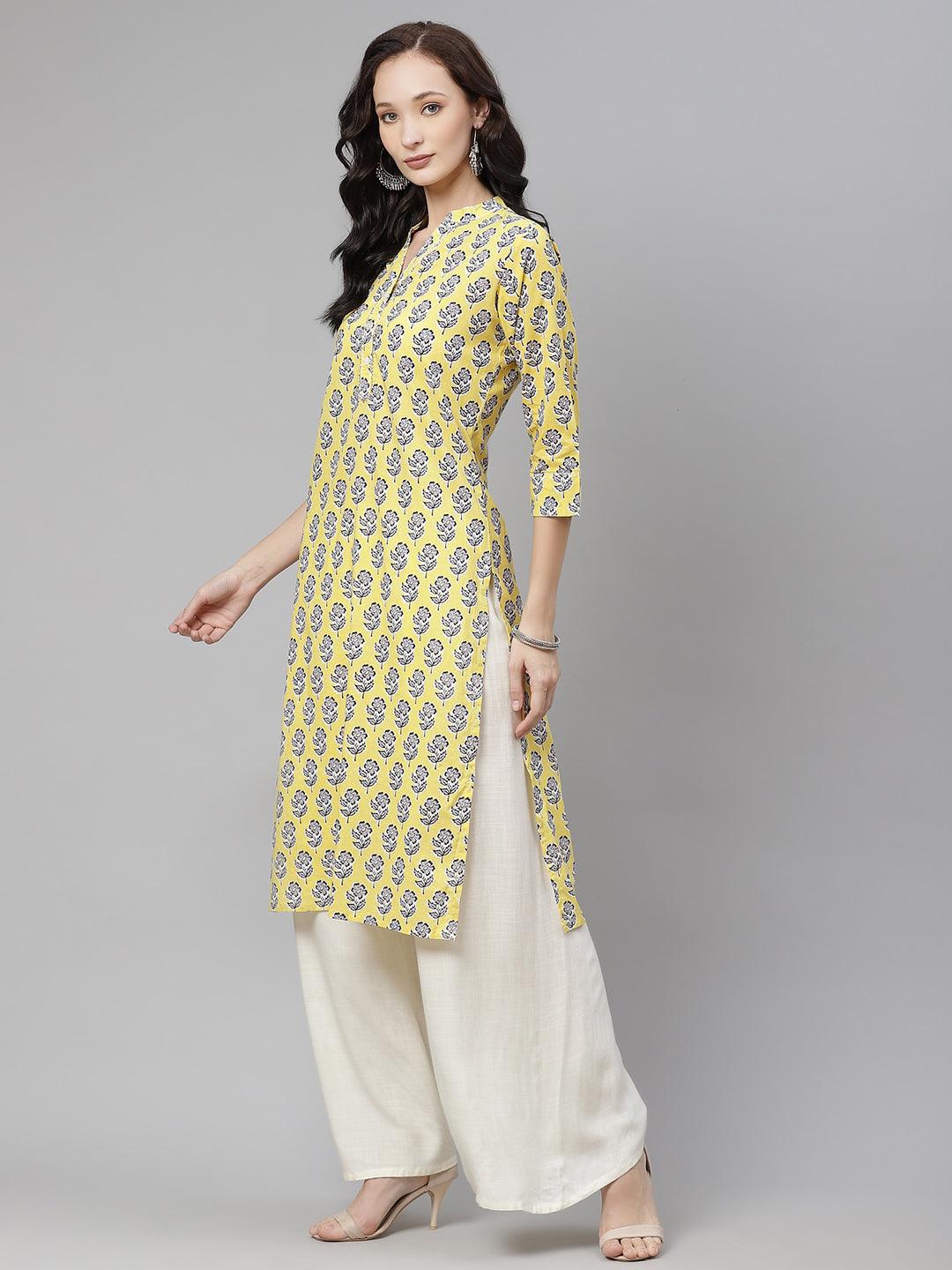 Divena Yellow cotton Straight Kurta - divena world