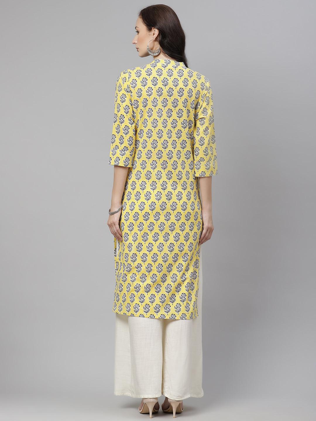 Divena Yellow cotton Straight Kurta - divena world