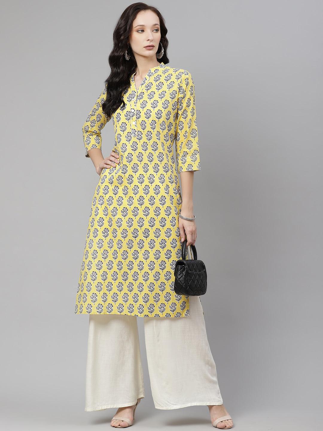 Divena Yellow cotton Straight Kurta - divena world