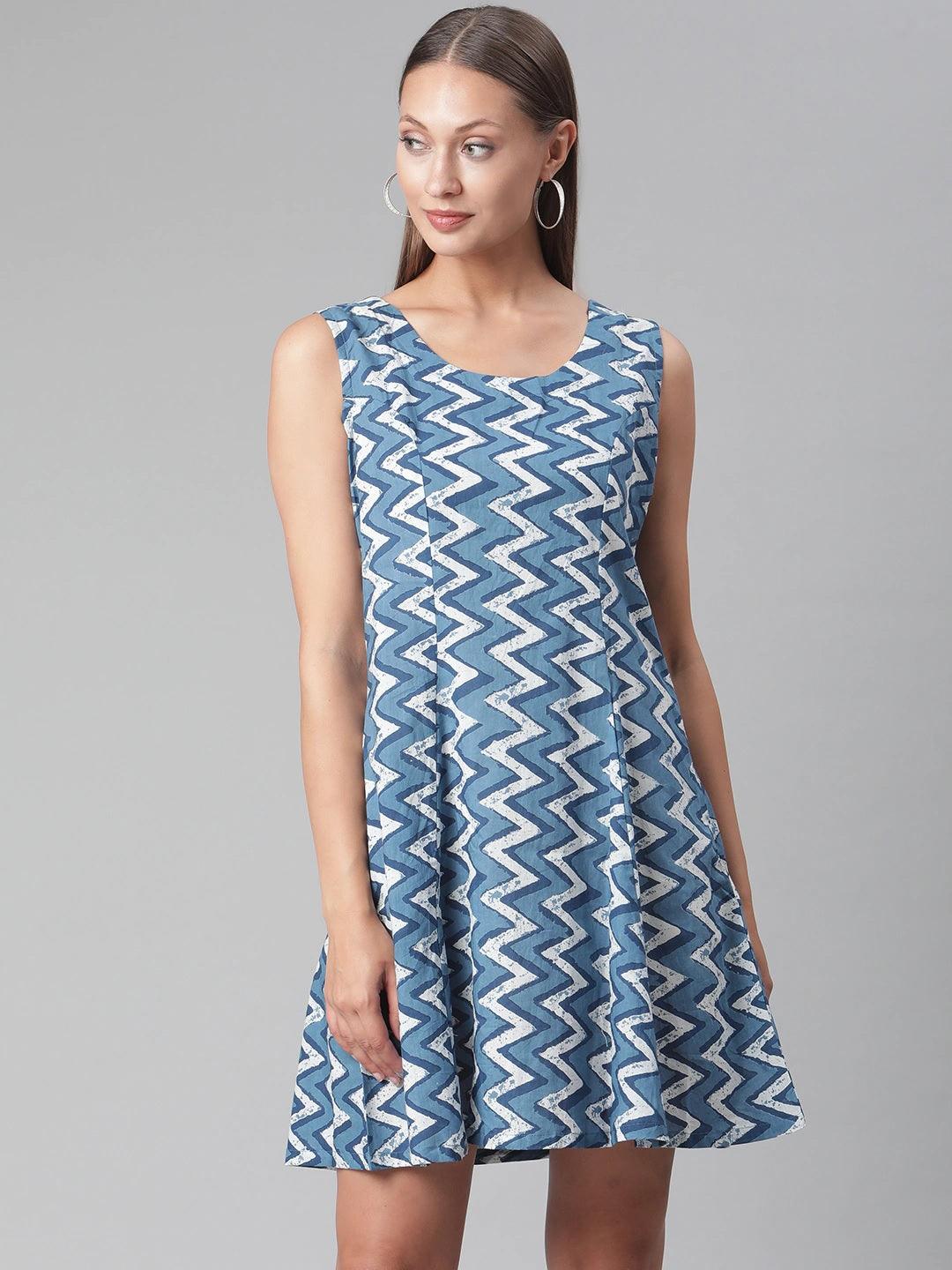 Divena Blue Knee Length Cotton Dress - divena world