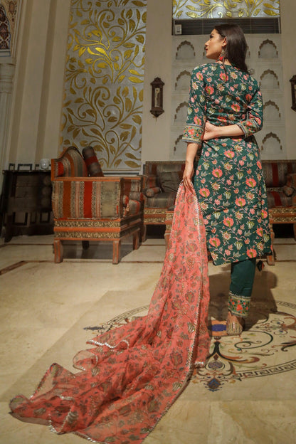 Divena Green Floral Printed Kurta Pant Set with Dupatta - divenaworld.com