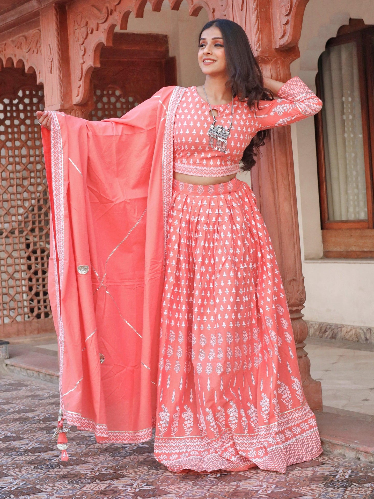 Divena Pink Printed Crop Top, lehenga with Dupatta set - divenaworld.com