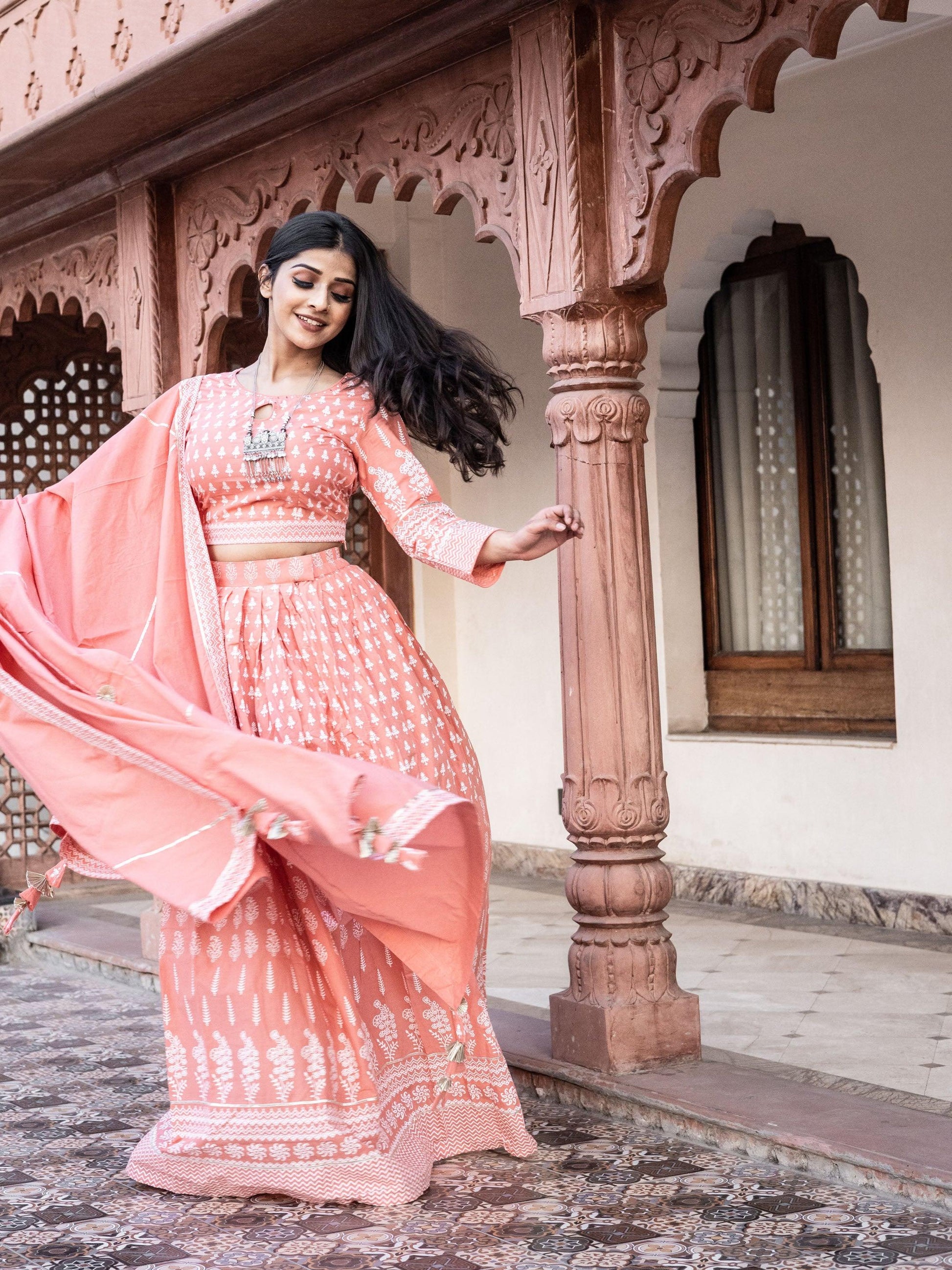 Divena Pink Printed Crop Top, lehenga with Dupatta set - divenaworld.com