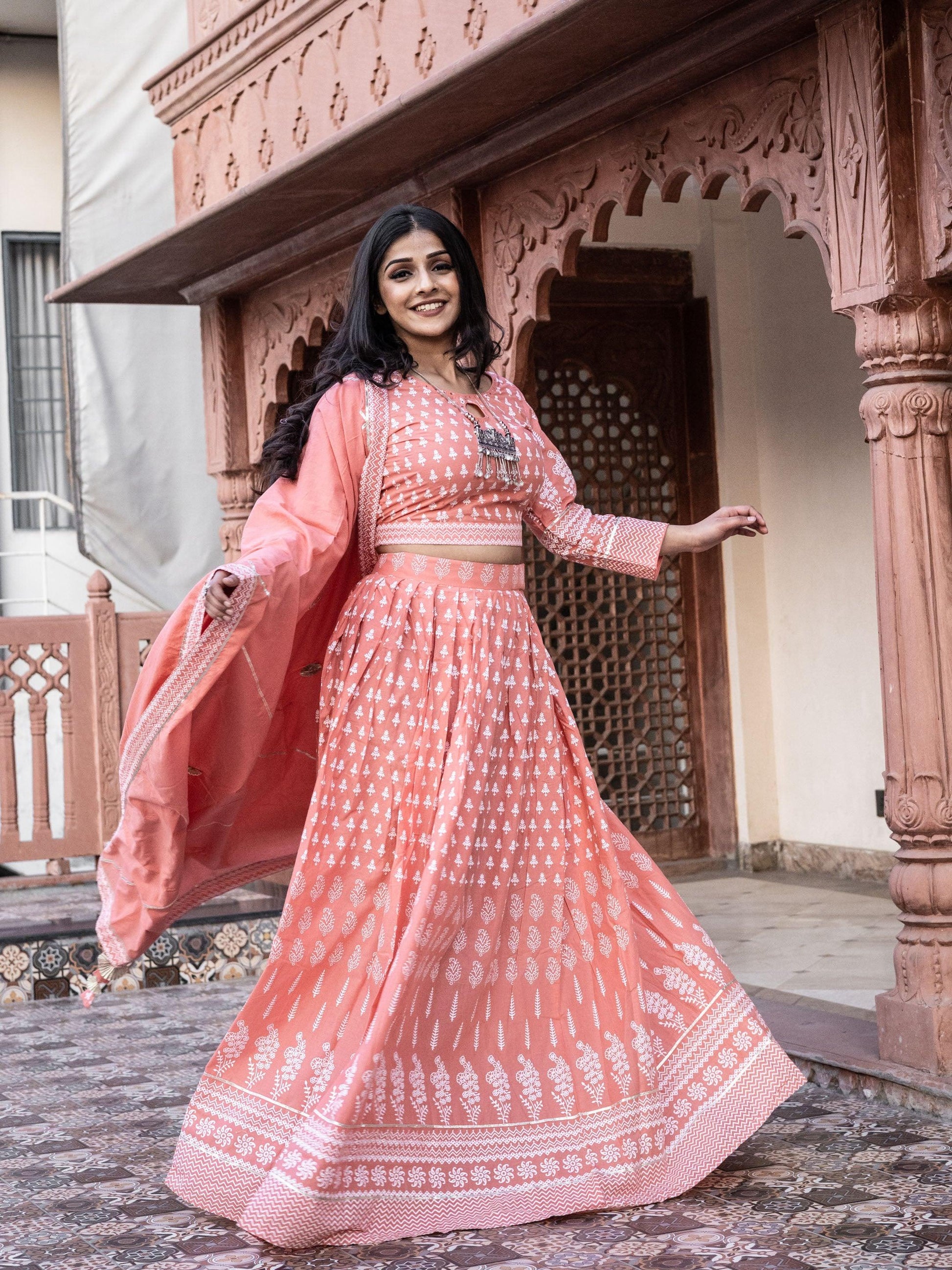 Divena Pink Printed Crop Top, lehenga with Dupatta set - divenaworld.com