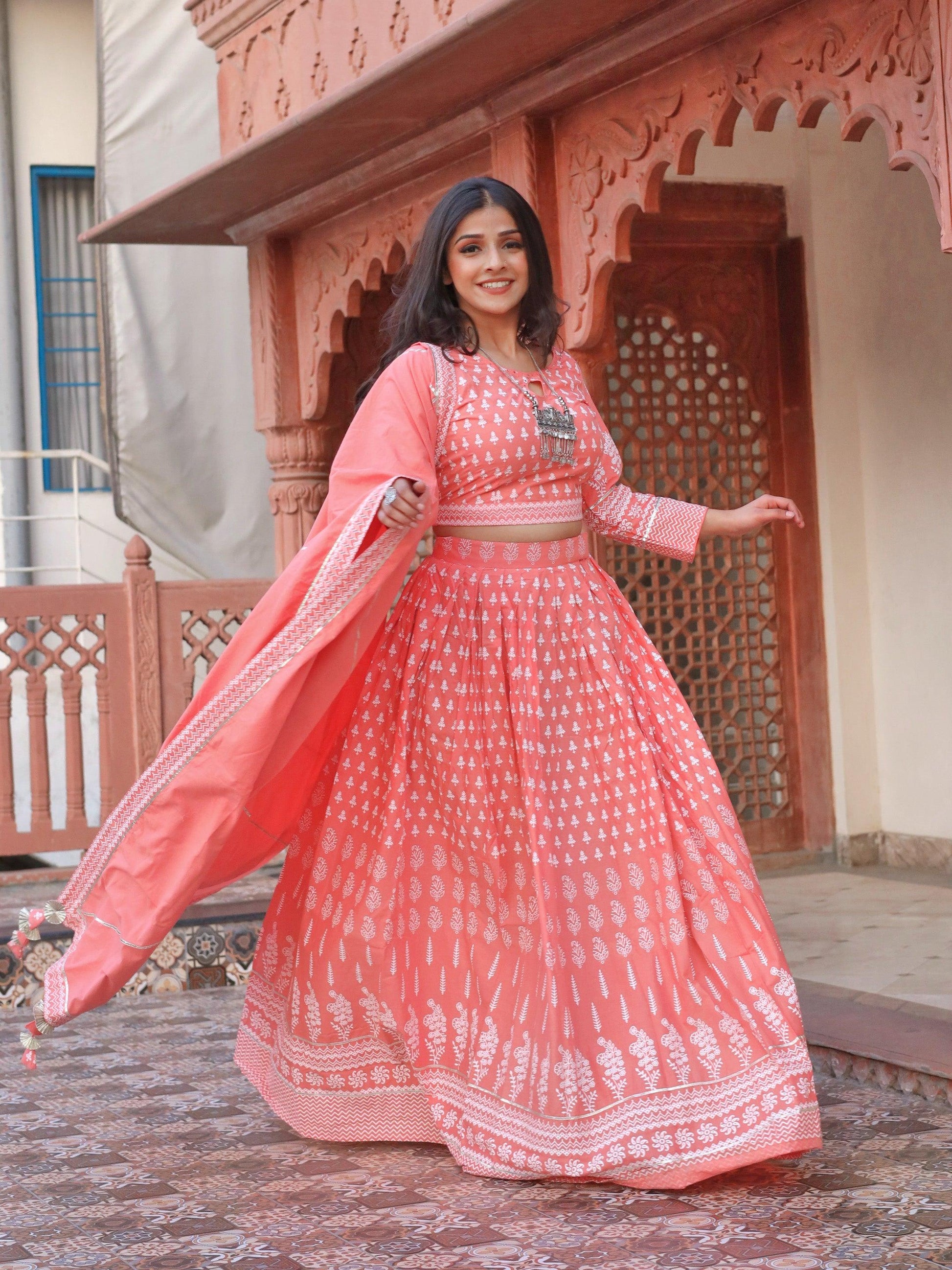 Divena Pink Printed Crop Top, lehenga with Dupatta set - divenaworld.com