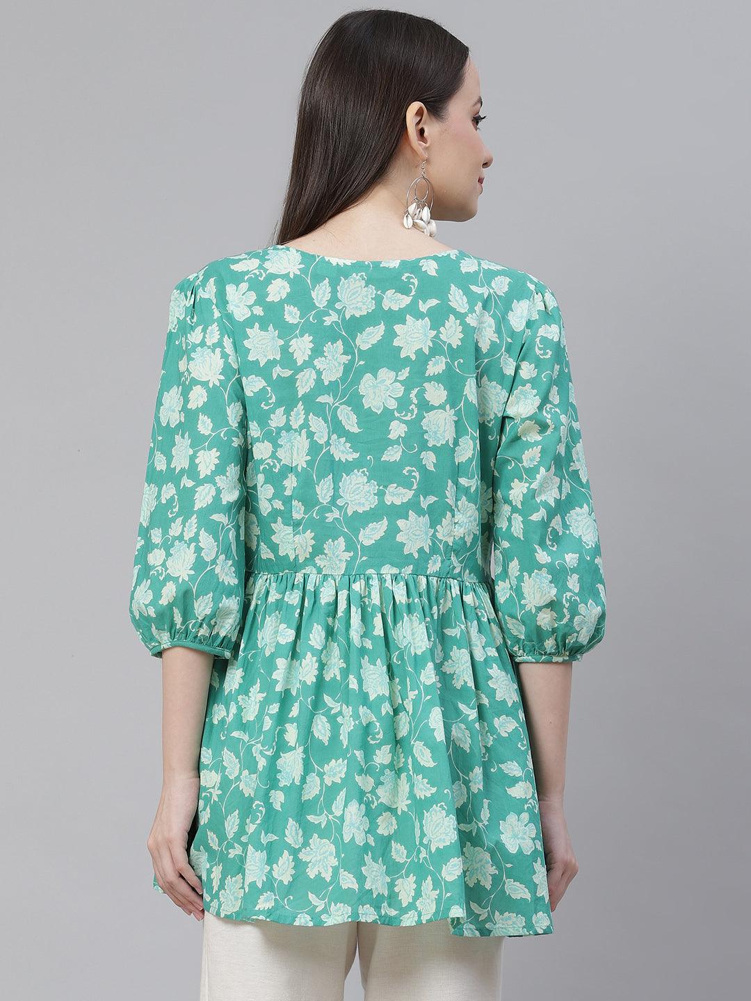 Divena Sea green Floral Printed Peplum Cotton top - divena world