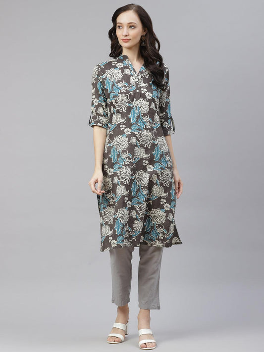 Divena Brown Floral printed Straight kurta - divena world