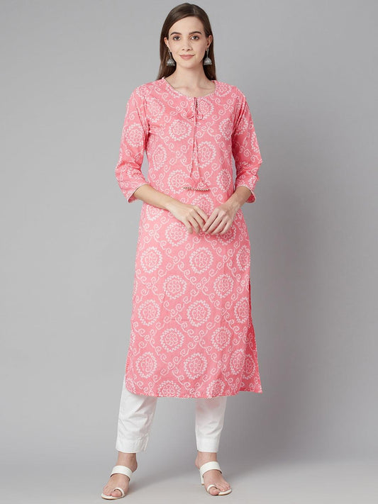 Divena Baby Pink Bandhej Straight Kurta - divena world