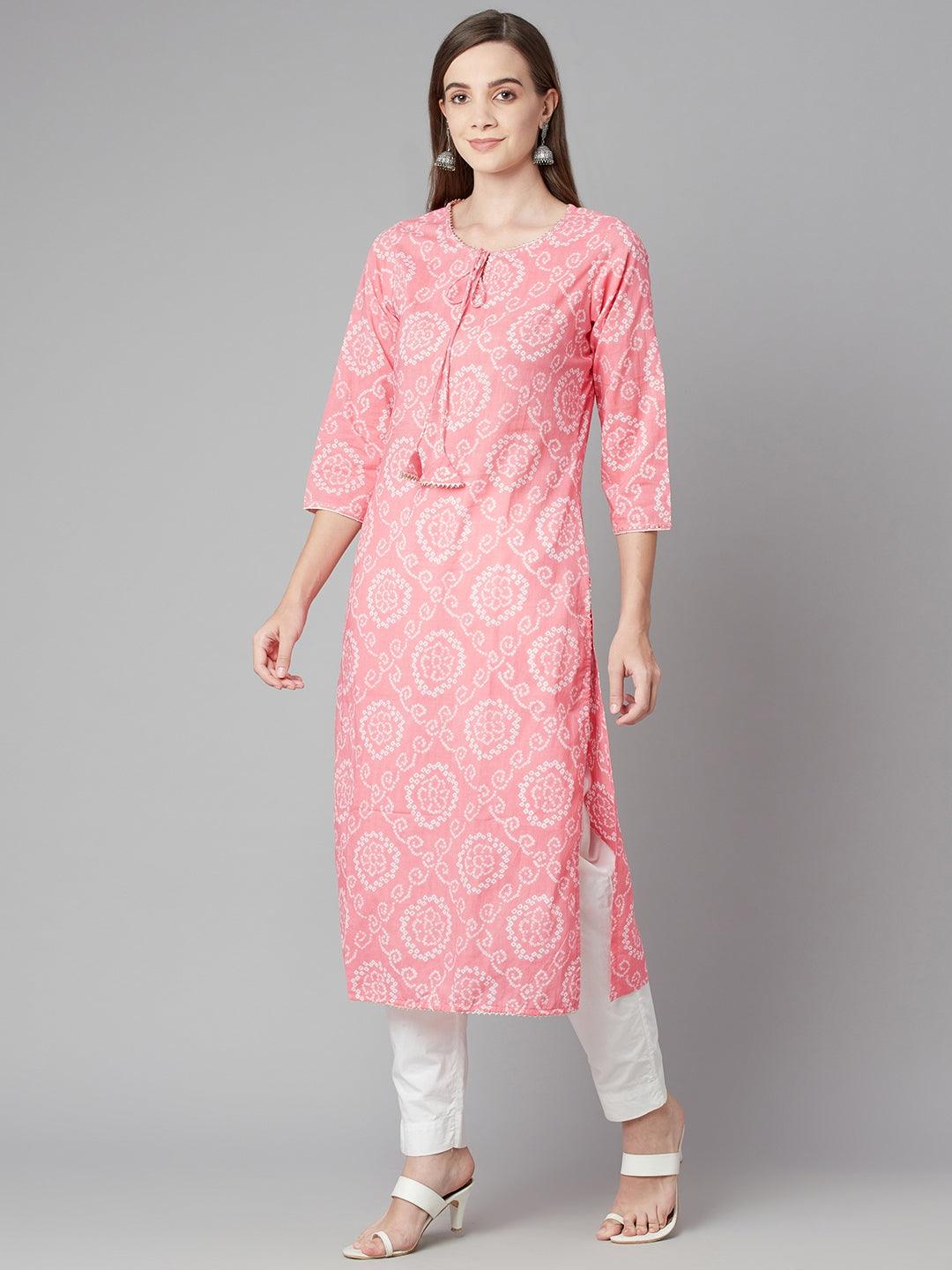 Divena Baby Pink Bandhej Straight Kurta - divena world