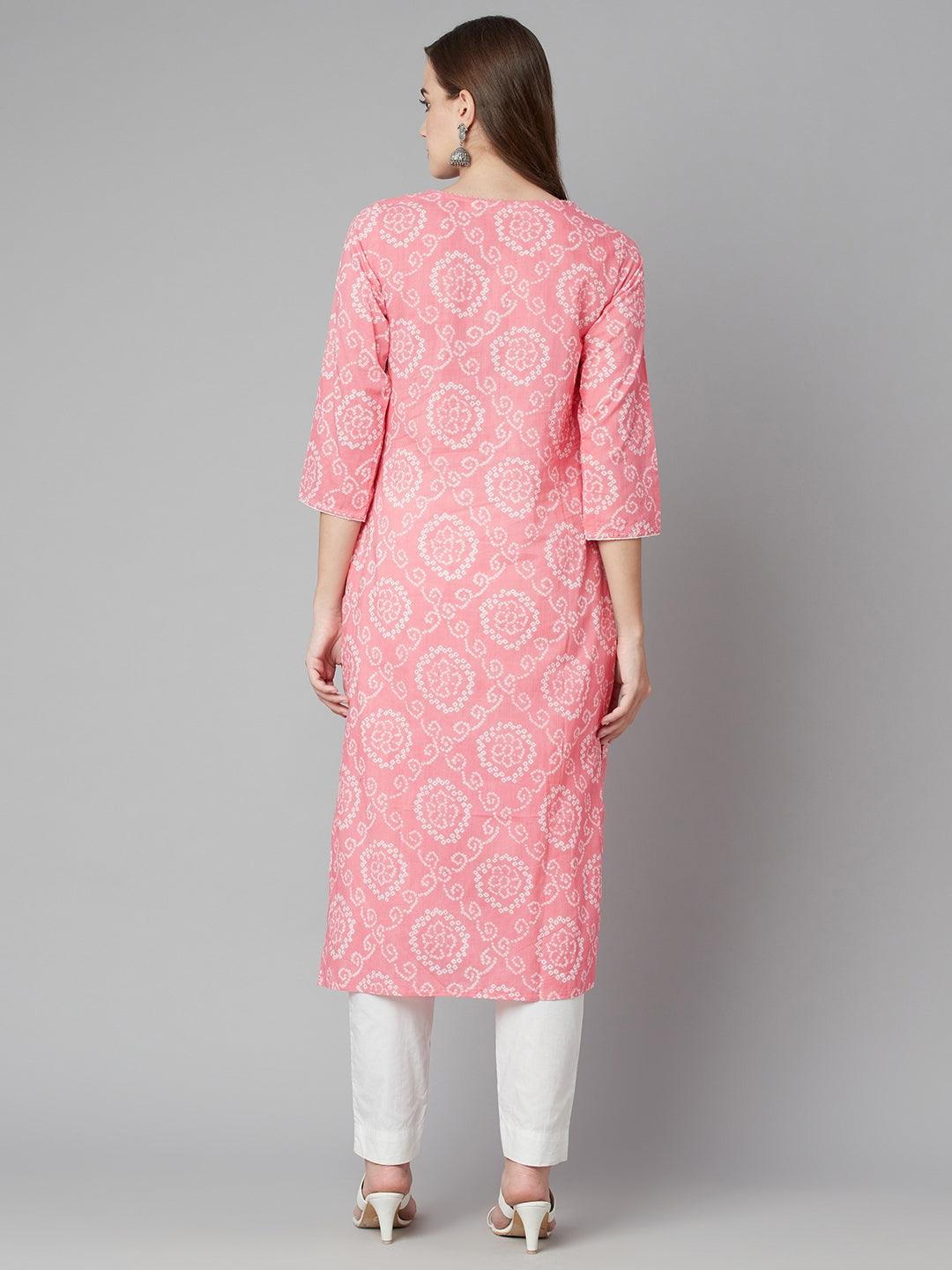 Divena Baby Pink Bandhej Straight Kurta - divena world