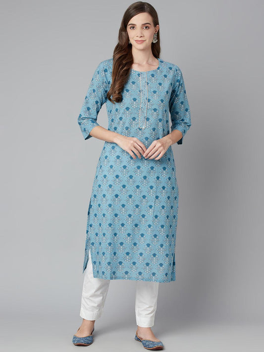 Divena Sky blue Floral Straight Kurta - divena world