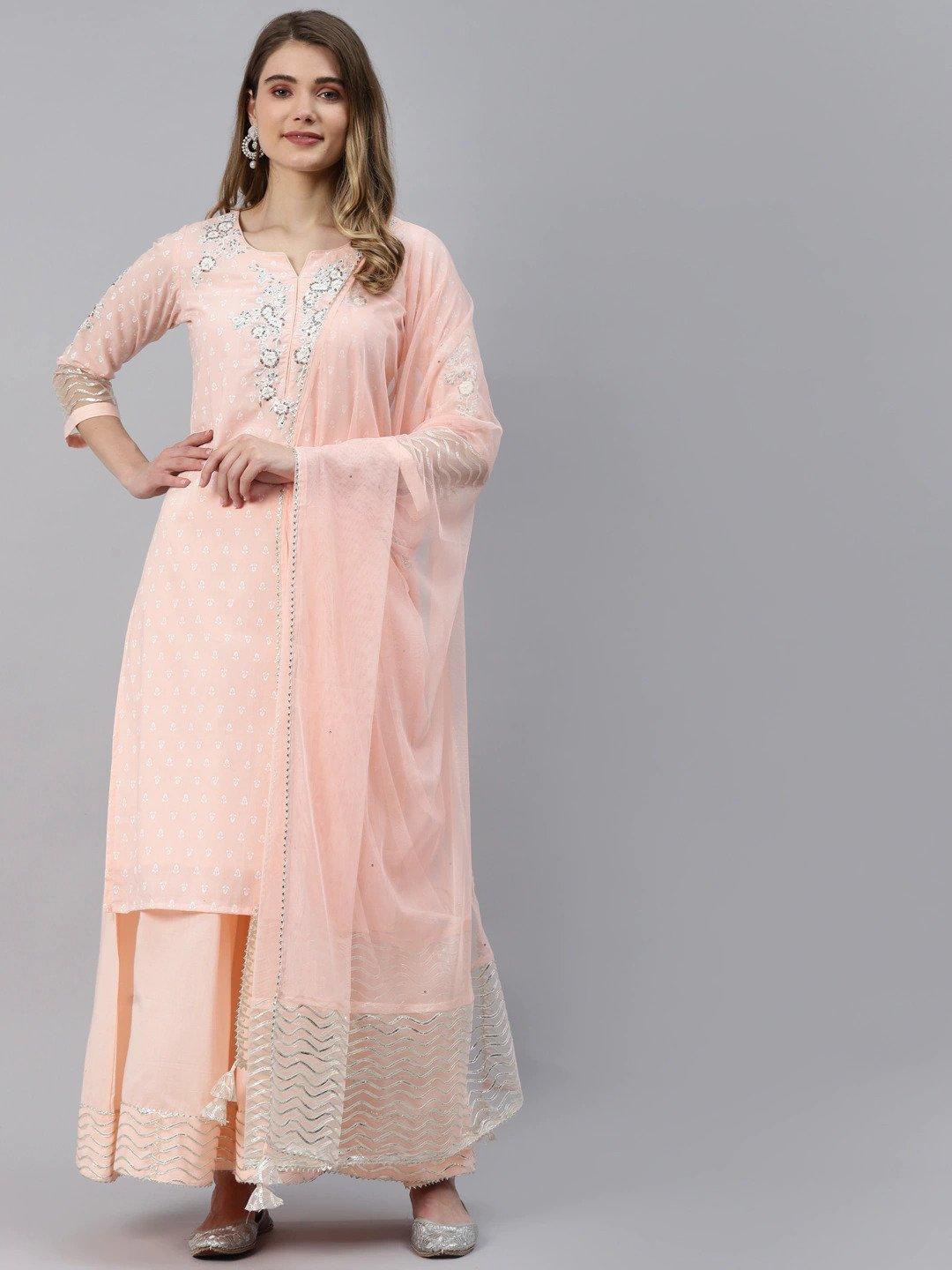 Divena Light Pink Kurta Palazzo Set with Net Dupatta - divena world