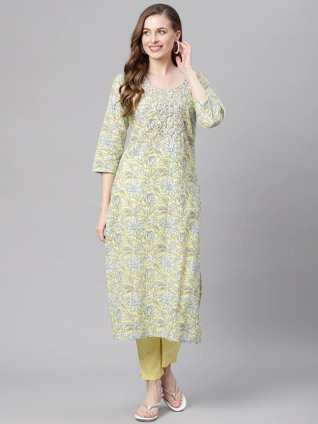 Divena yellow Cotton Straight Kurta pant set - divena world