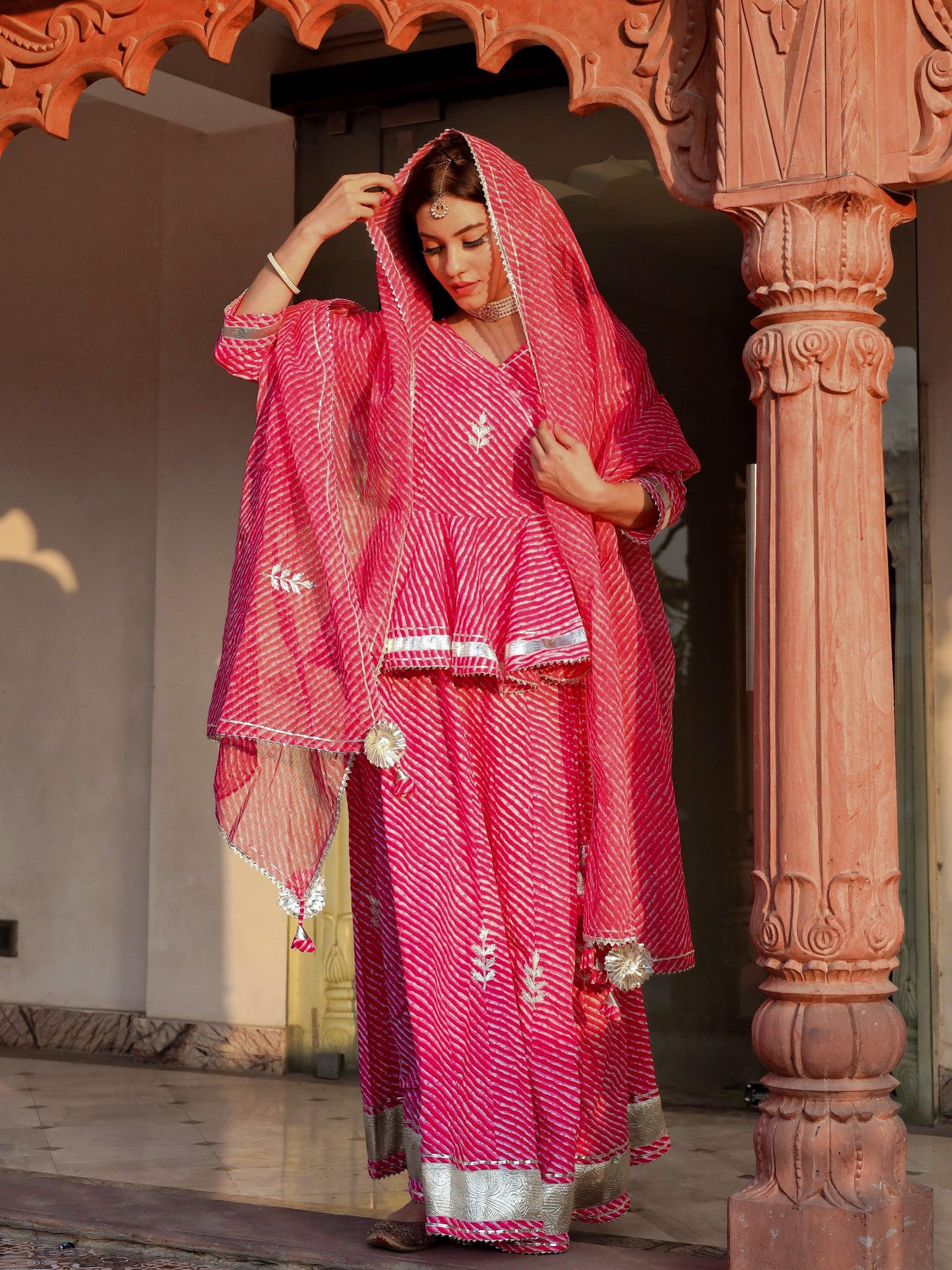 Divena Pink Lehriya lehenga dupatta set - divenaworld.com