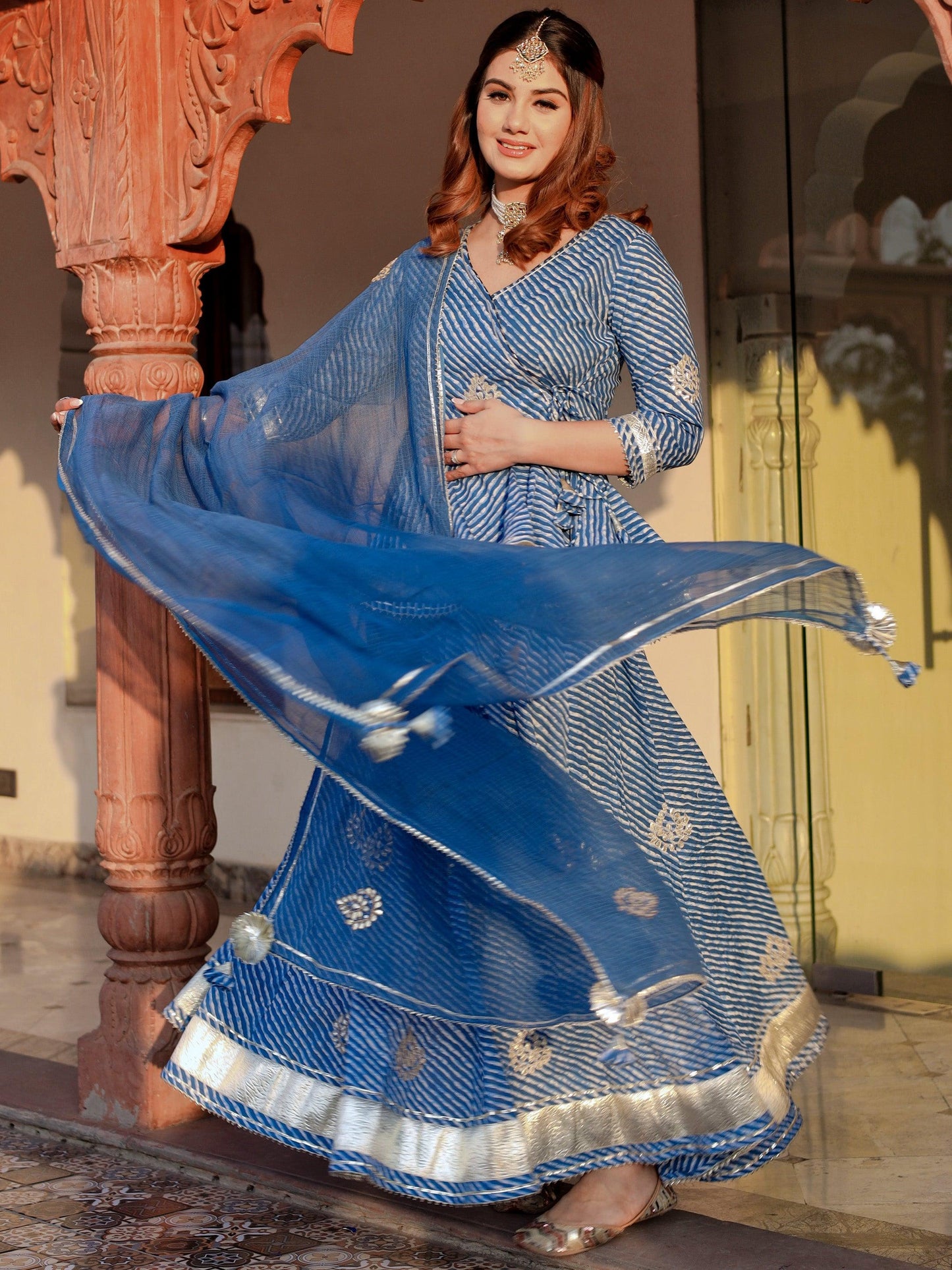 Divena Blue Lehriya lehenga dupatta set - divenaworld.com