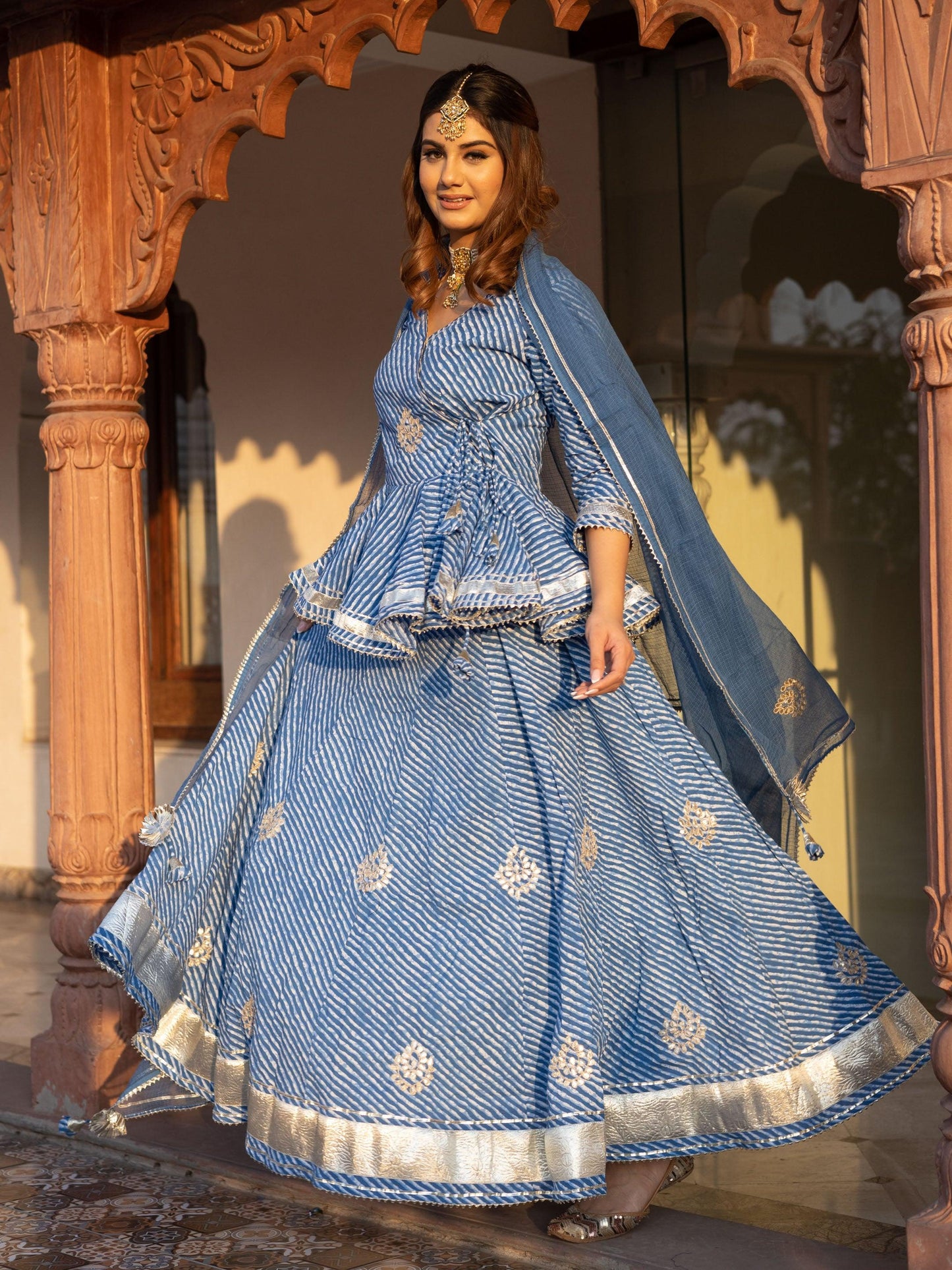 Divena Blue Lehriya lehenga dupatta set - divenaworld.com