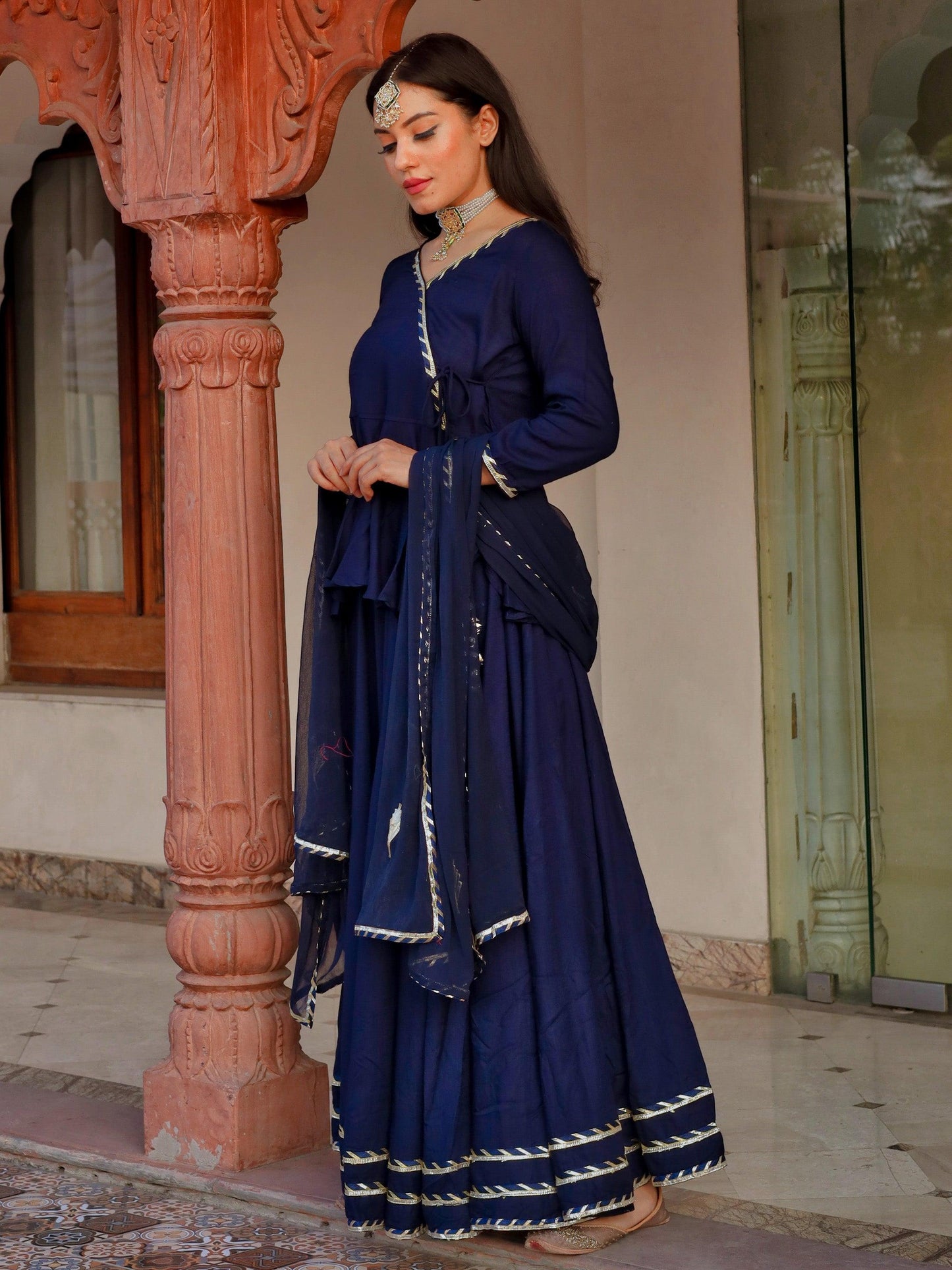 Divena Navy Blue Embroidered lehenga dupatta set - divenaworld.com