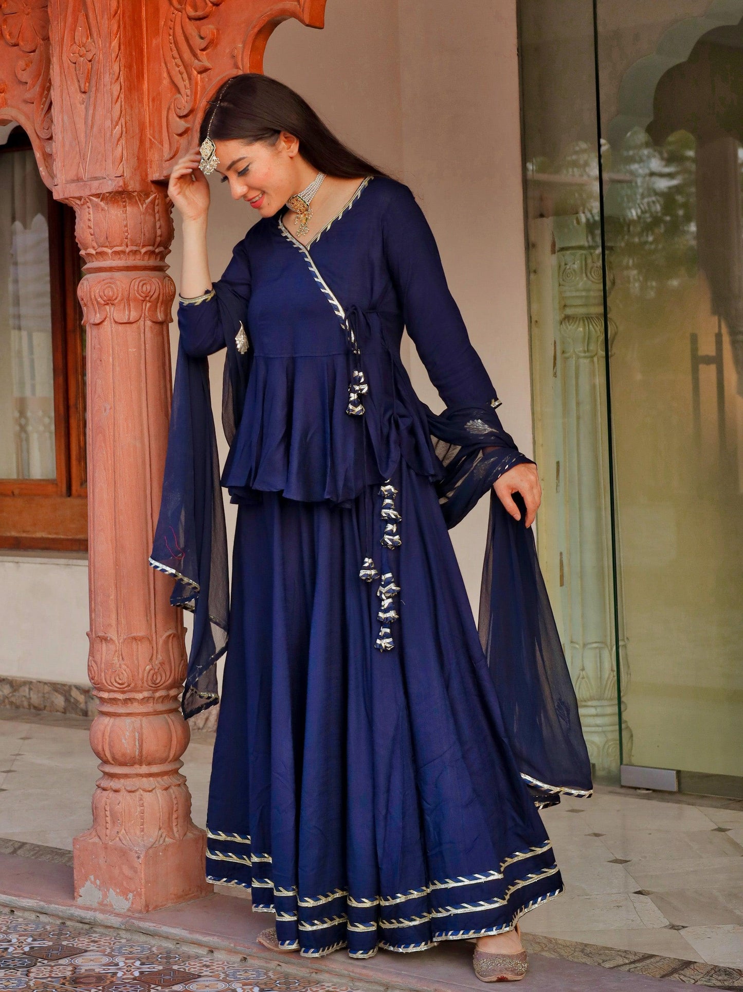 Divena Navy Blue Embroidered lehenga dupatta set - divenaworld.com