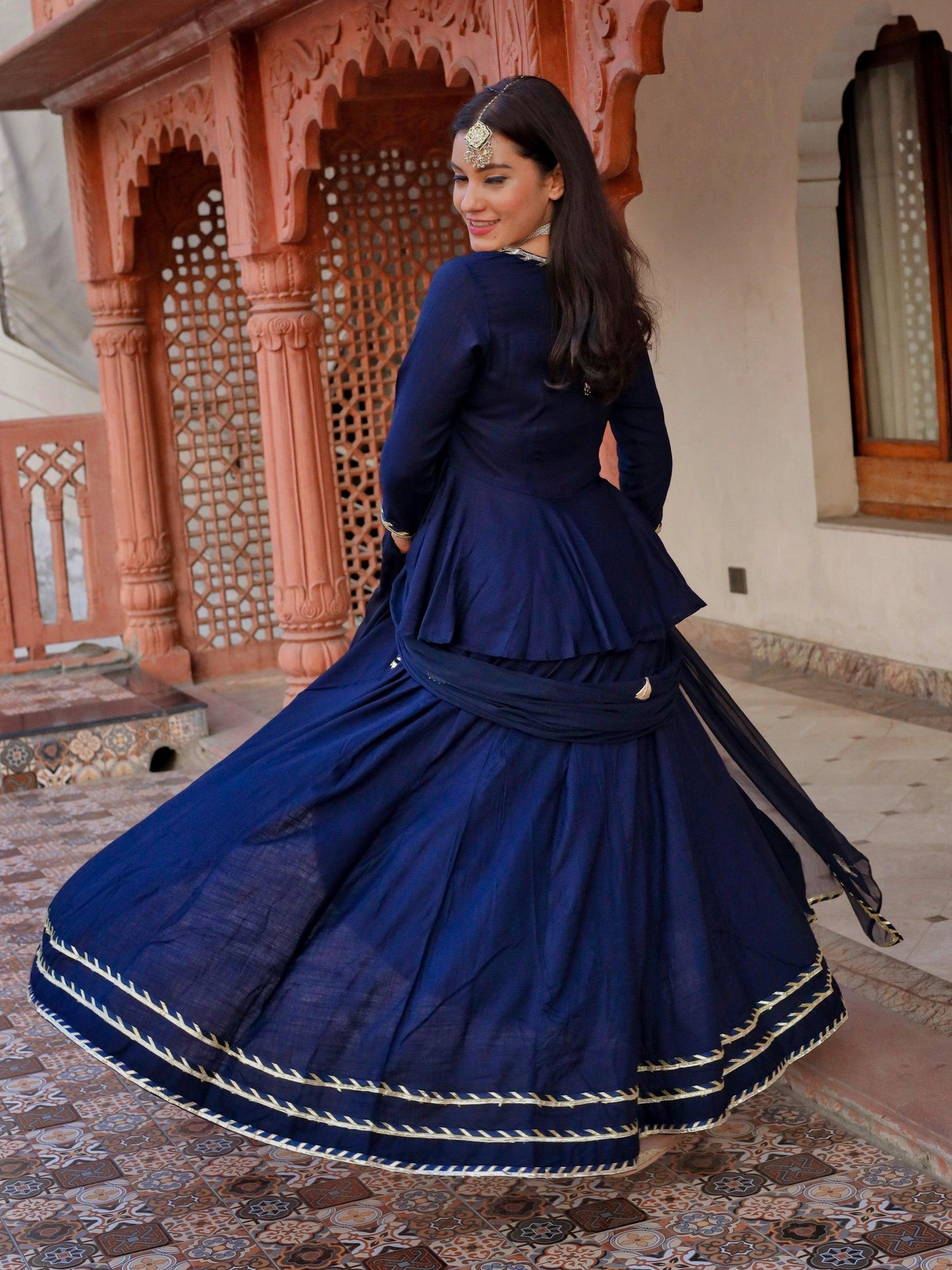 Divena Navy Blue Embroidered lehenga dupatta set - divenaworld.com