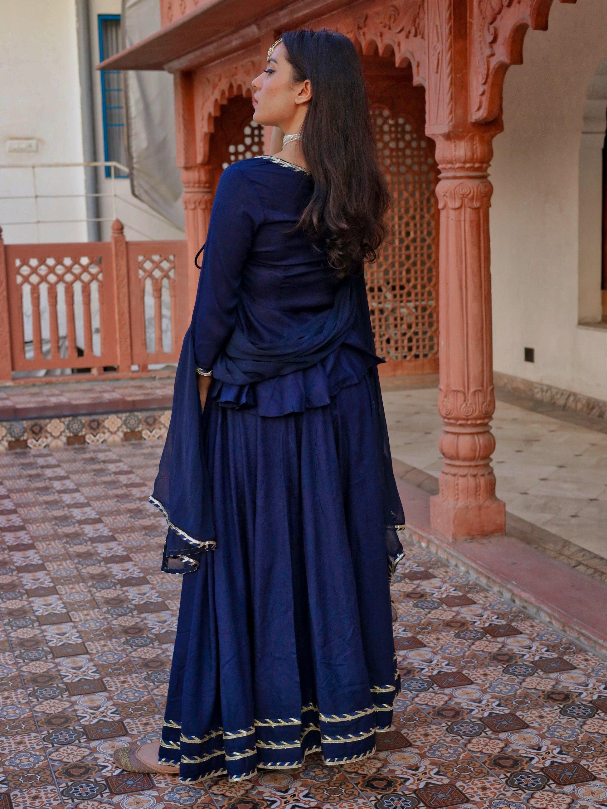 Divena Navy Blue Embroidered lehenga dupatta set - divenaworld.com