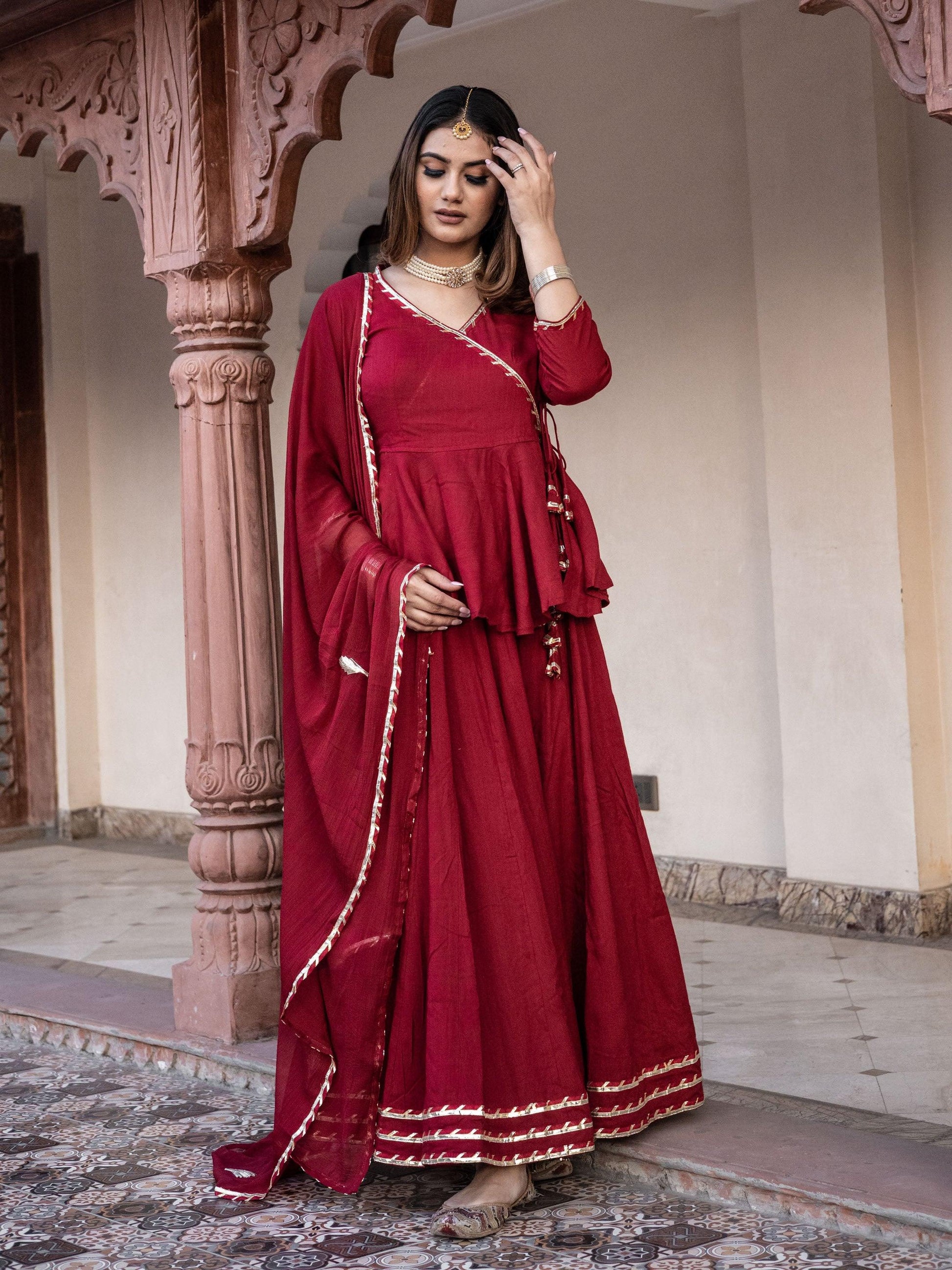 Divena Maroon Gota Hand Work lehenga dupatta set - divenaworld.com