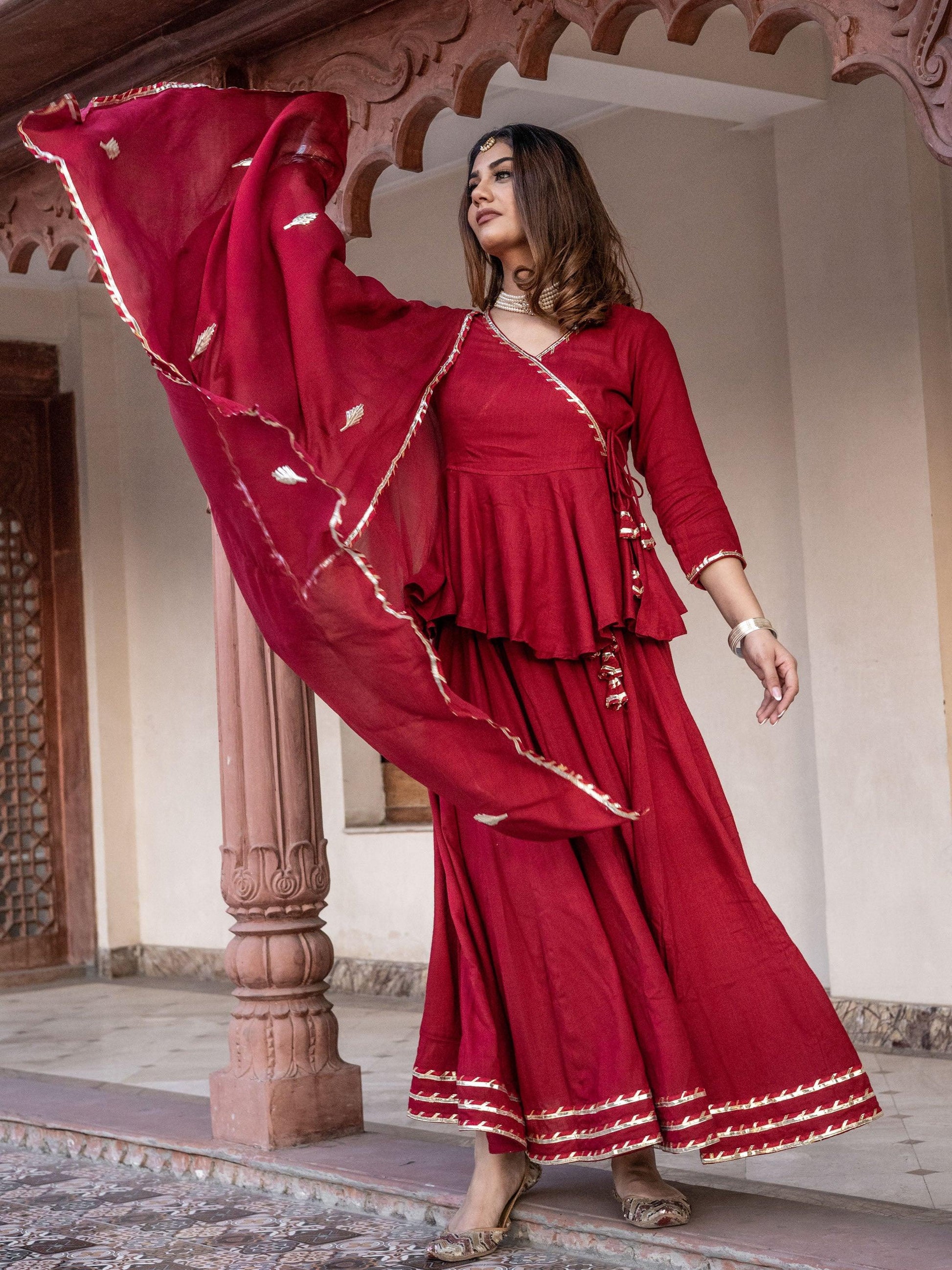 Divena Maroon Gota Hand Work lehenga dupatta set - divenaworld.com