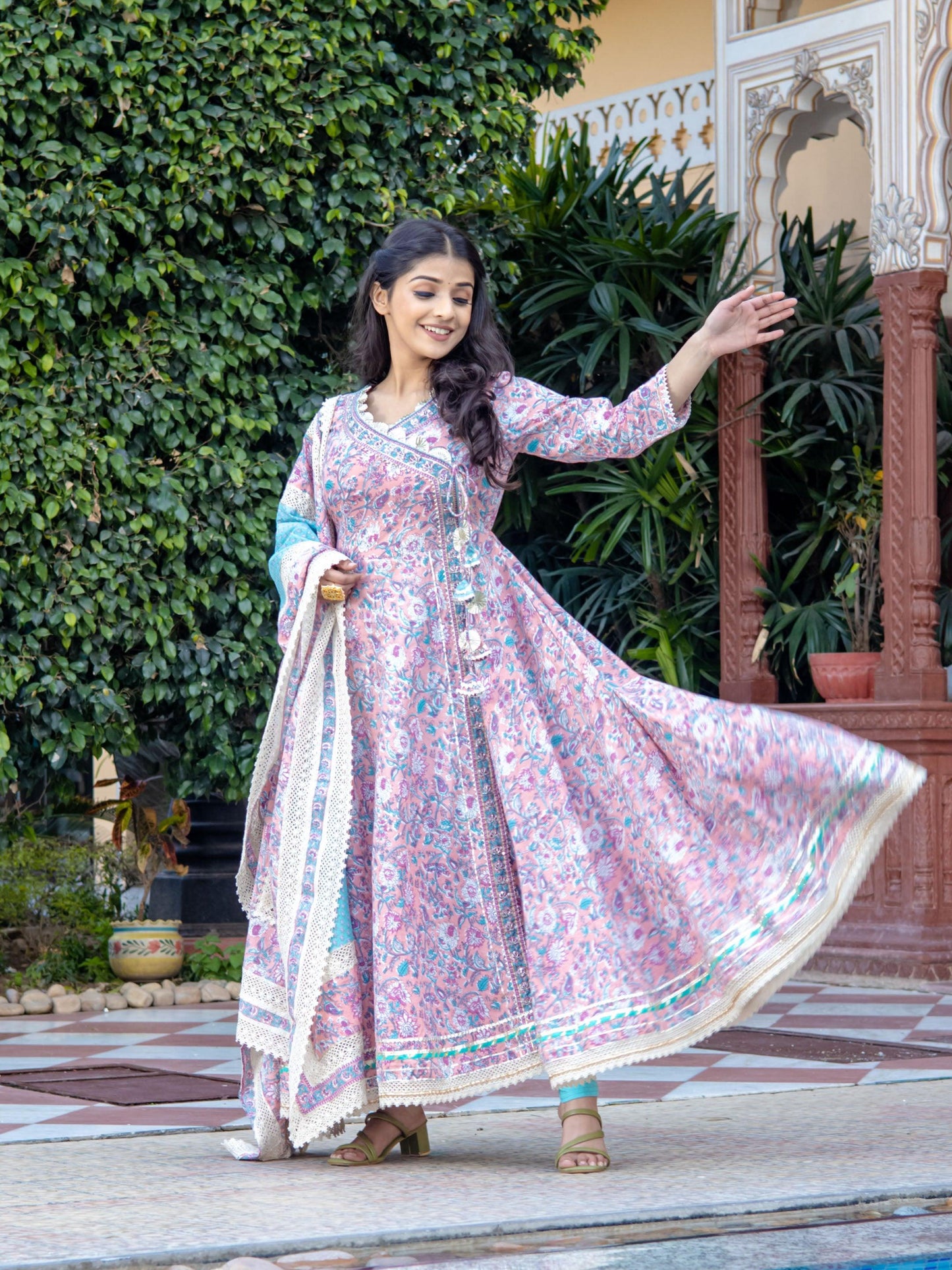 Divena Pink Cotton Floral printed Anarkali kurta Pant set With Dupatta - divenaworld.com