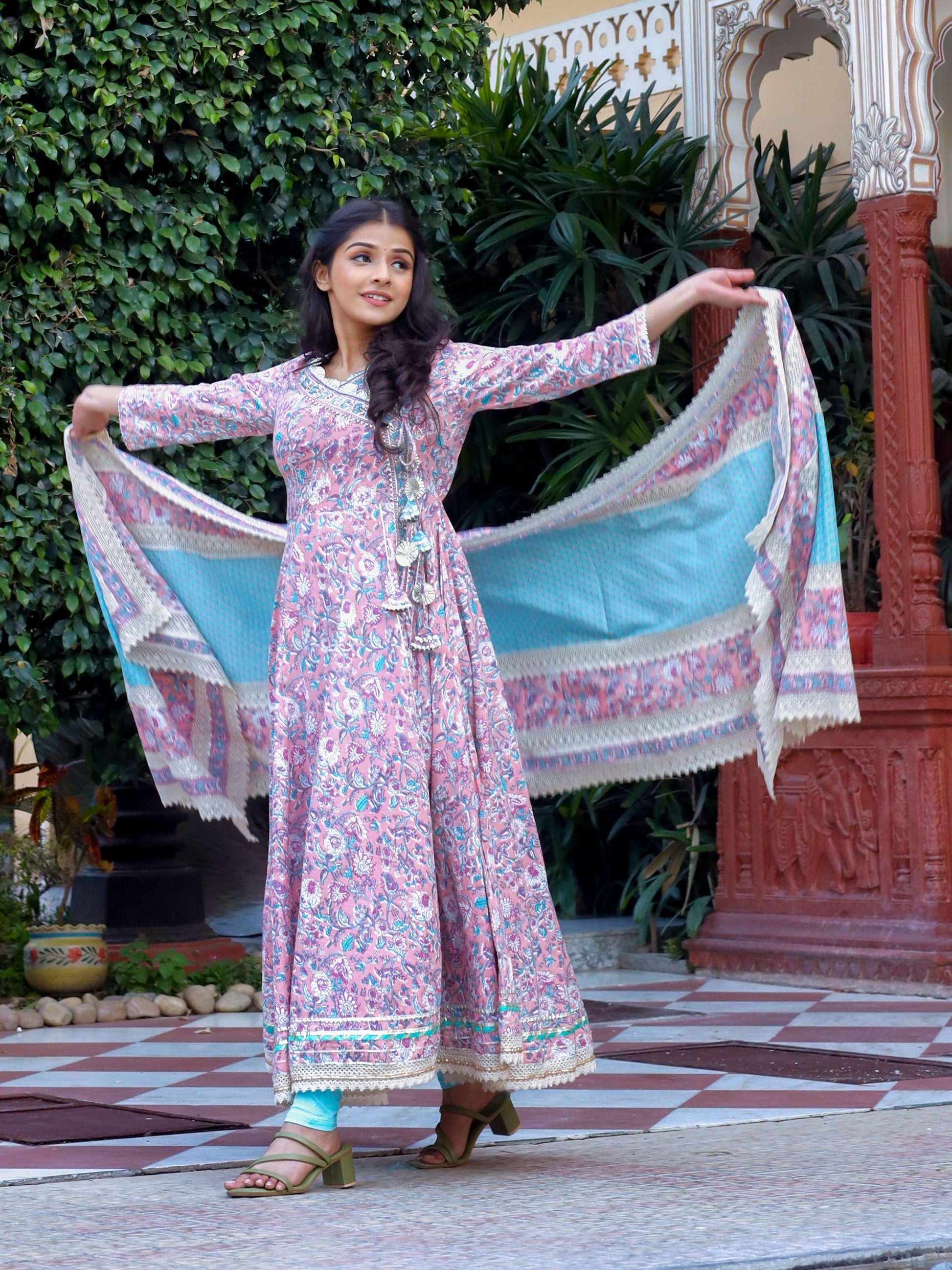 Divena Pink Cotton Floral printed Anarkali kurta Pant set With Dupatta - divenaworld.com