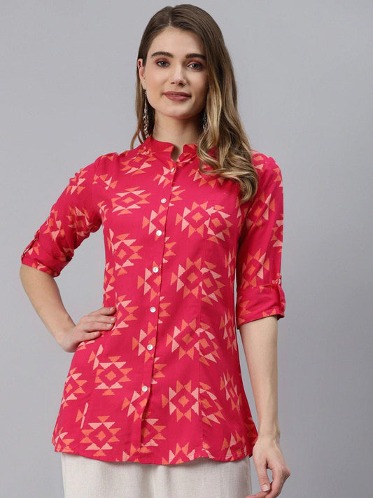 Divena Pink Geometric Print Rayon Shirt Style Top - divena world