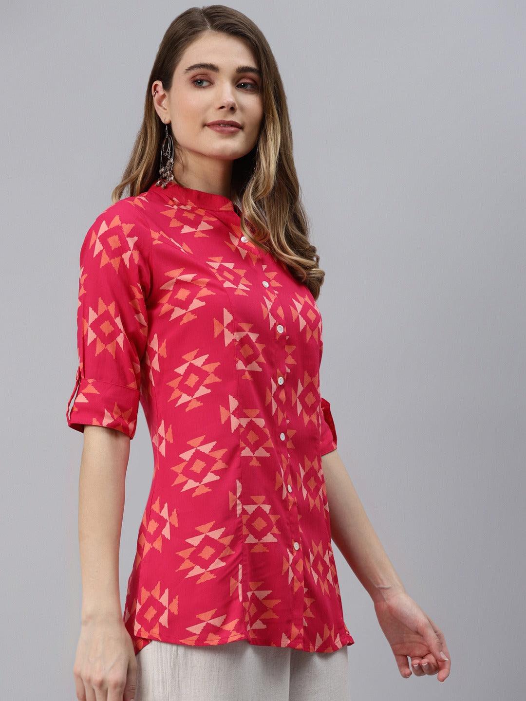 Divena Pink Geometric Print Rayon Shirt Style Top - divena world