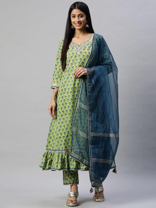 Divena Green Cotton Hand Block Printed Kurta Pant set with Dupatta - divena world