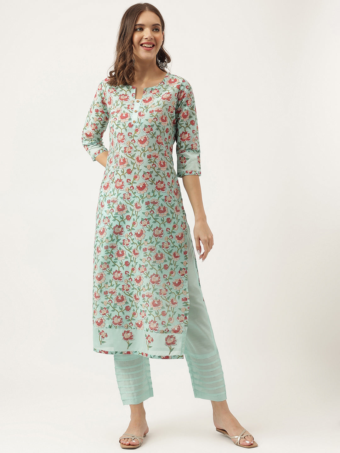 Divena Green Chanderi Floral Printed Kurta with Pant Set