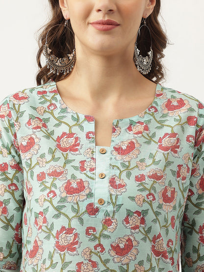 Green Ethnic Chanderi Floral Printed Kurta with Pant Set