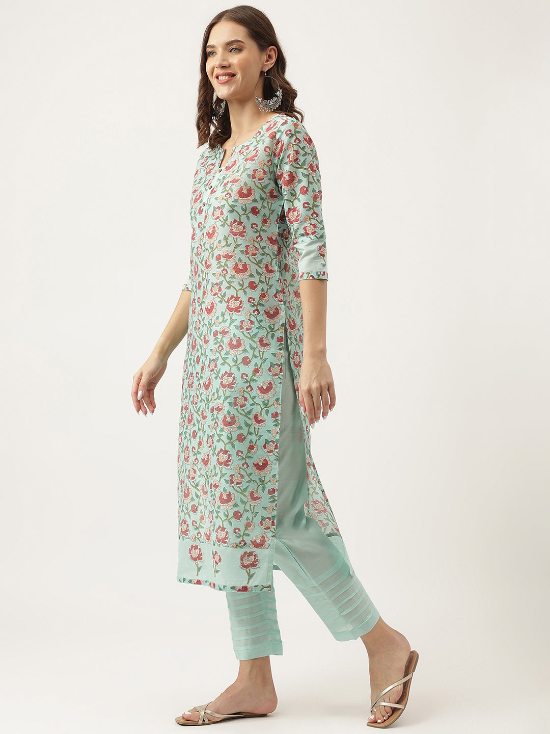 Divena Green Chanderi Floral Printed Kurta with Pant Set