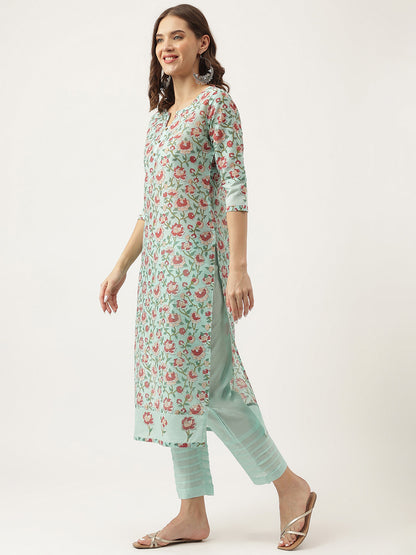 Green Ethnic Chanderi Floral Printed Kurta with Pant Set