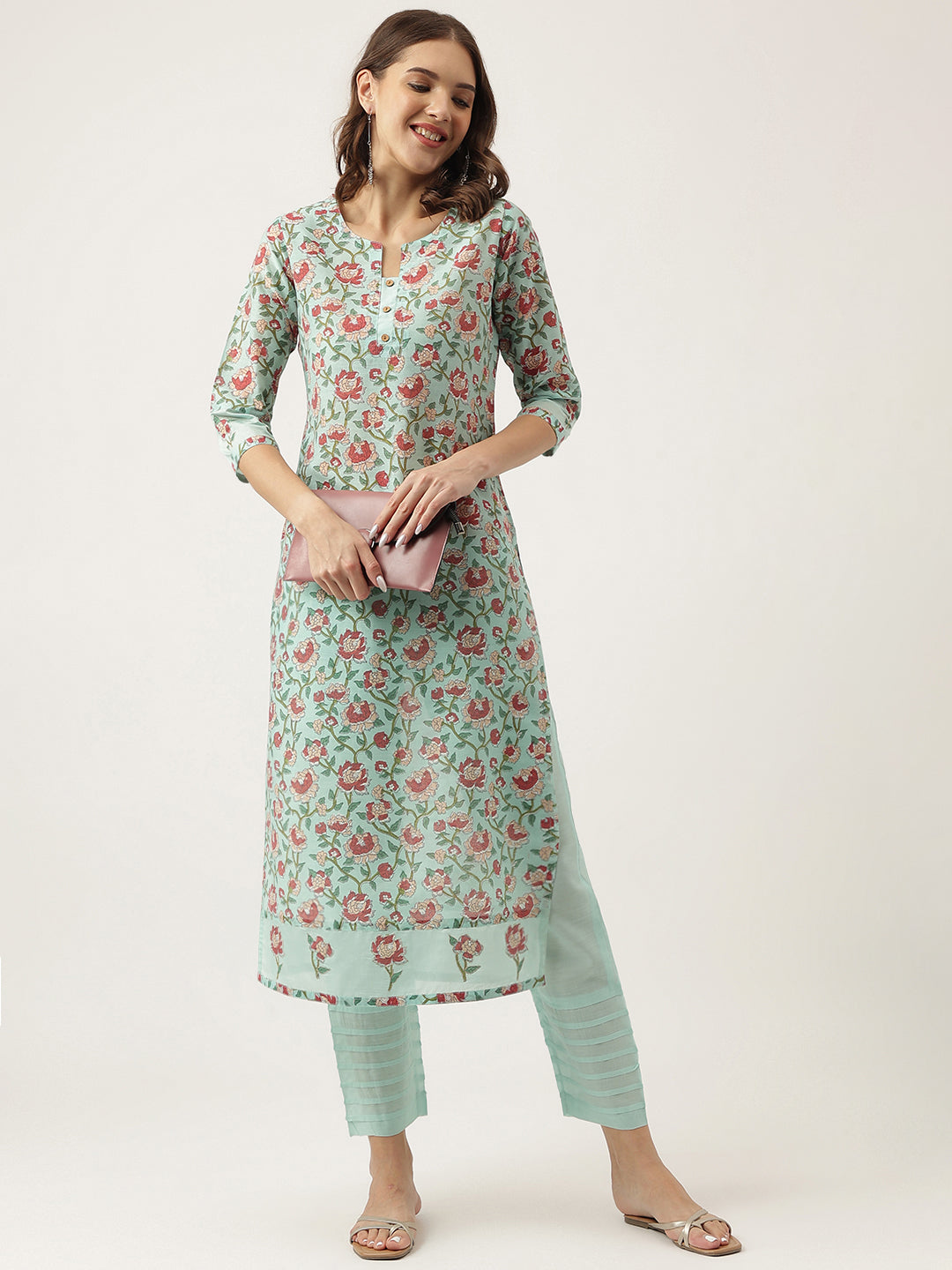 Divena Green Chanderi Floral Printed Kurta with Pant Set