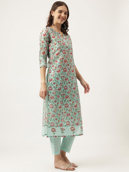 Green Ethnic Chanderi Floral Printed Kurta with Pant Set