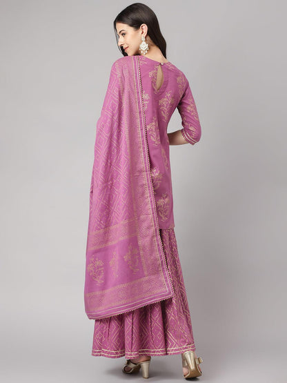 Divena Purple Foil Print Cotton Sharara Set with Dupatta - divena world