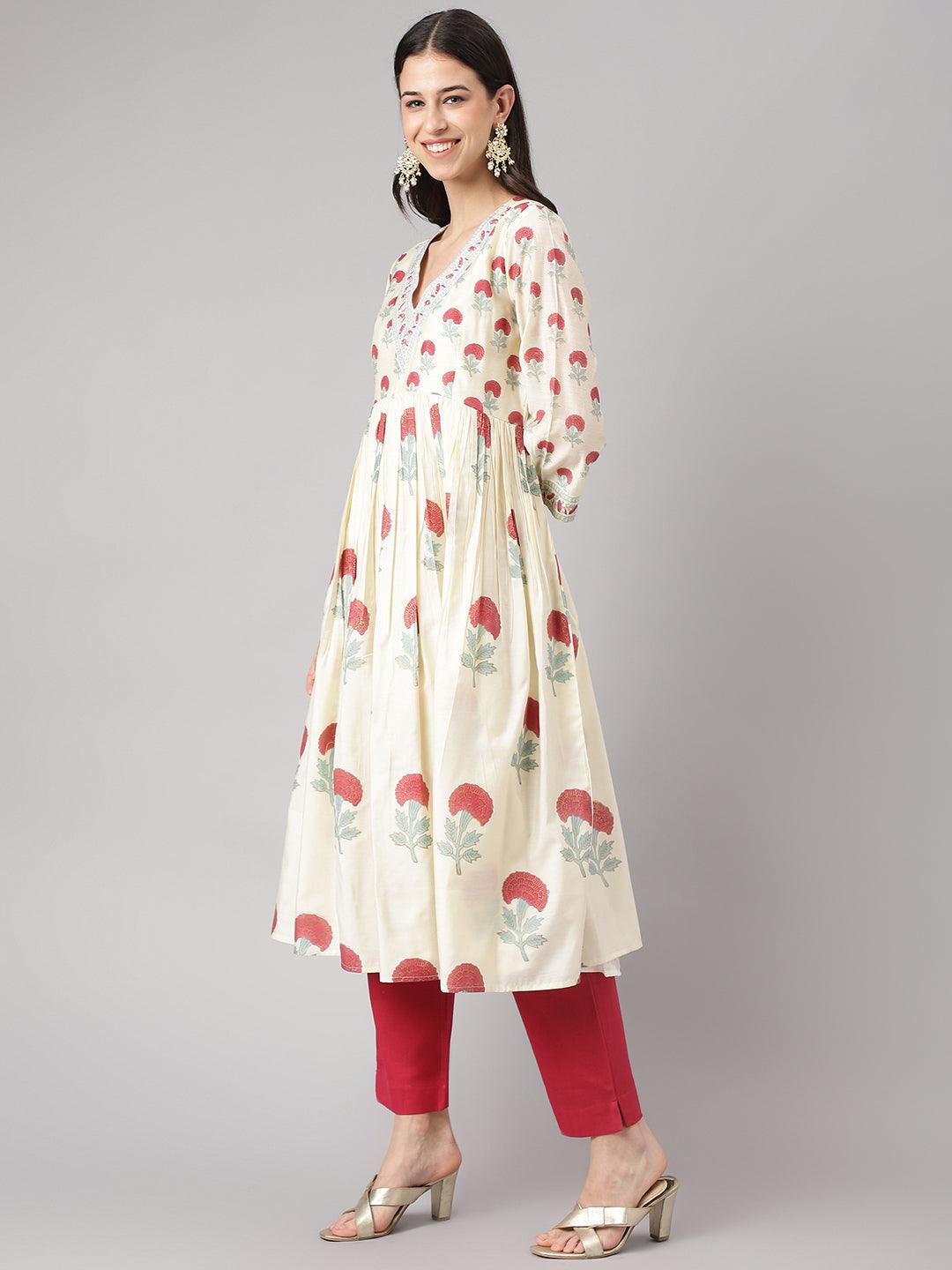 Divena Cream Chanderi Floral Anarkali Kurta Pant Set with Dupatta - divena world