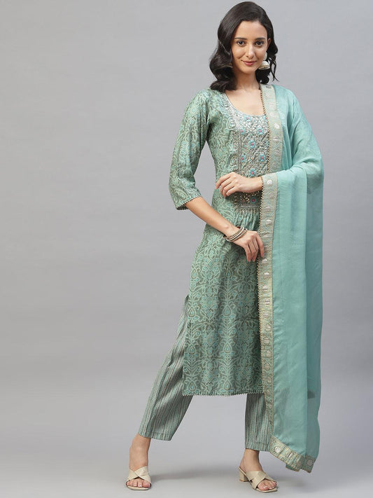 Divena Blue Hand Work Bandhani Printed Muslin Kurta Pant Set with Dupatta - divena world