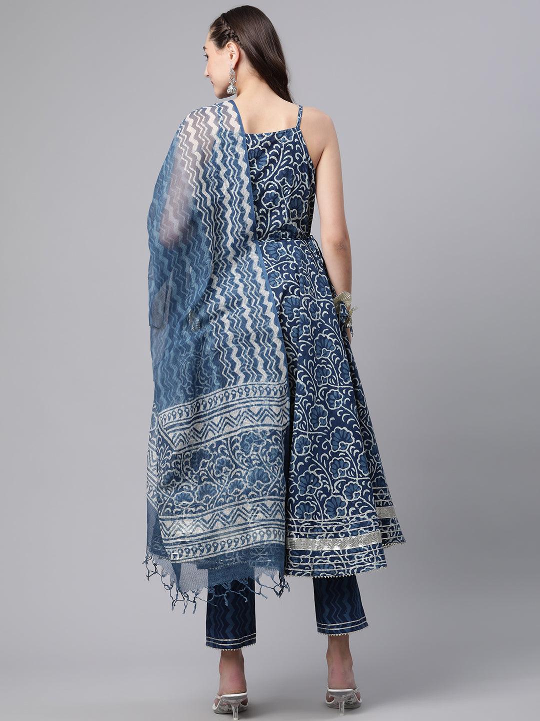 Divena Indigo Hand Block Printed Anarkali Kurta Pant Set with Dupatta - divenaworld.com