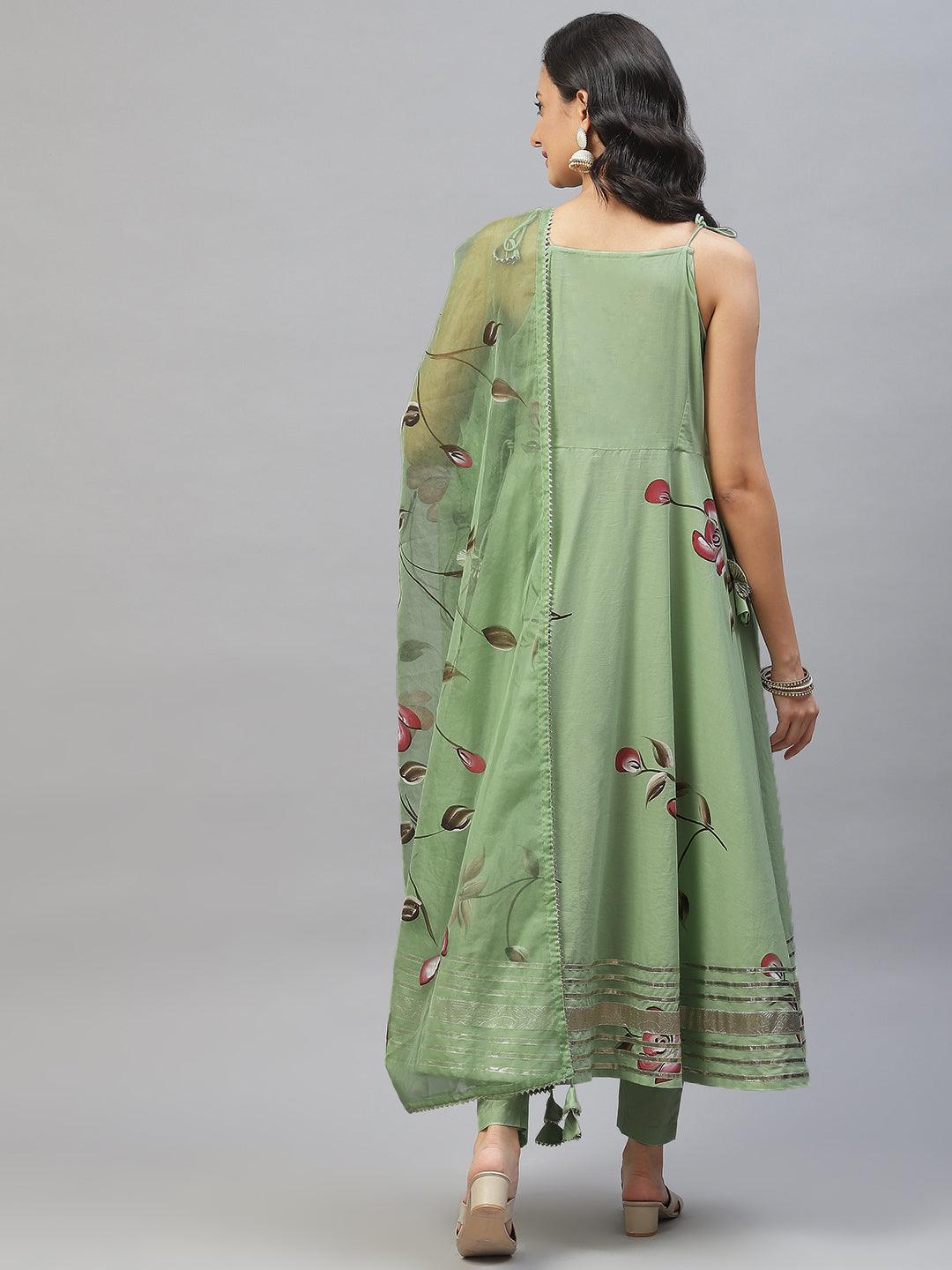 Divena Light Green Hand Painted Floral Anarkali Kurta Pant Set with Dupatta - divena world