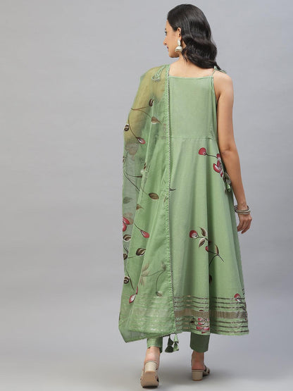 Divena Light Green Hand Painted Floral Anarkali Kurta Pant Set with Dupatta - divena world